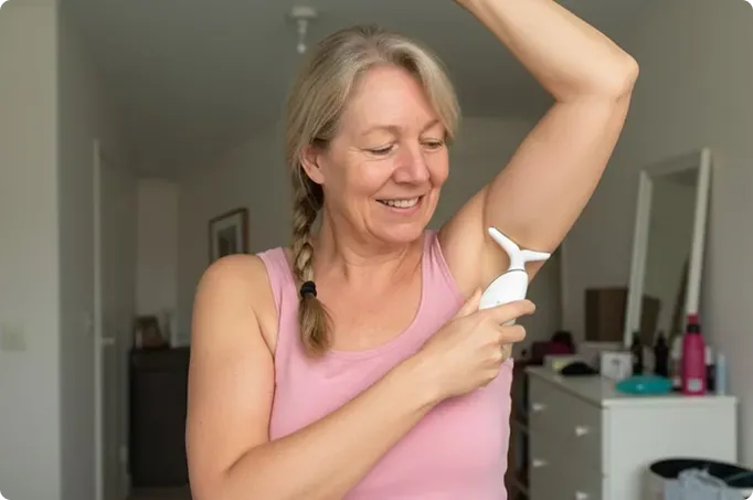 Woman gliding the MyoGlow device over the back of her arm